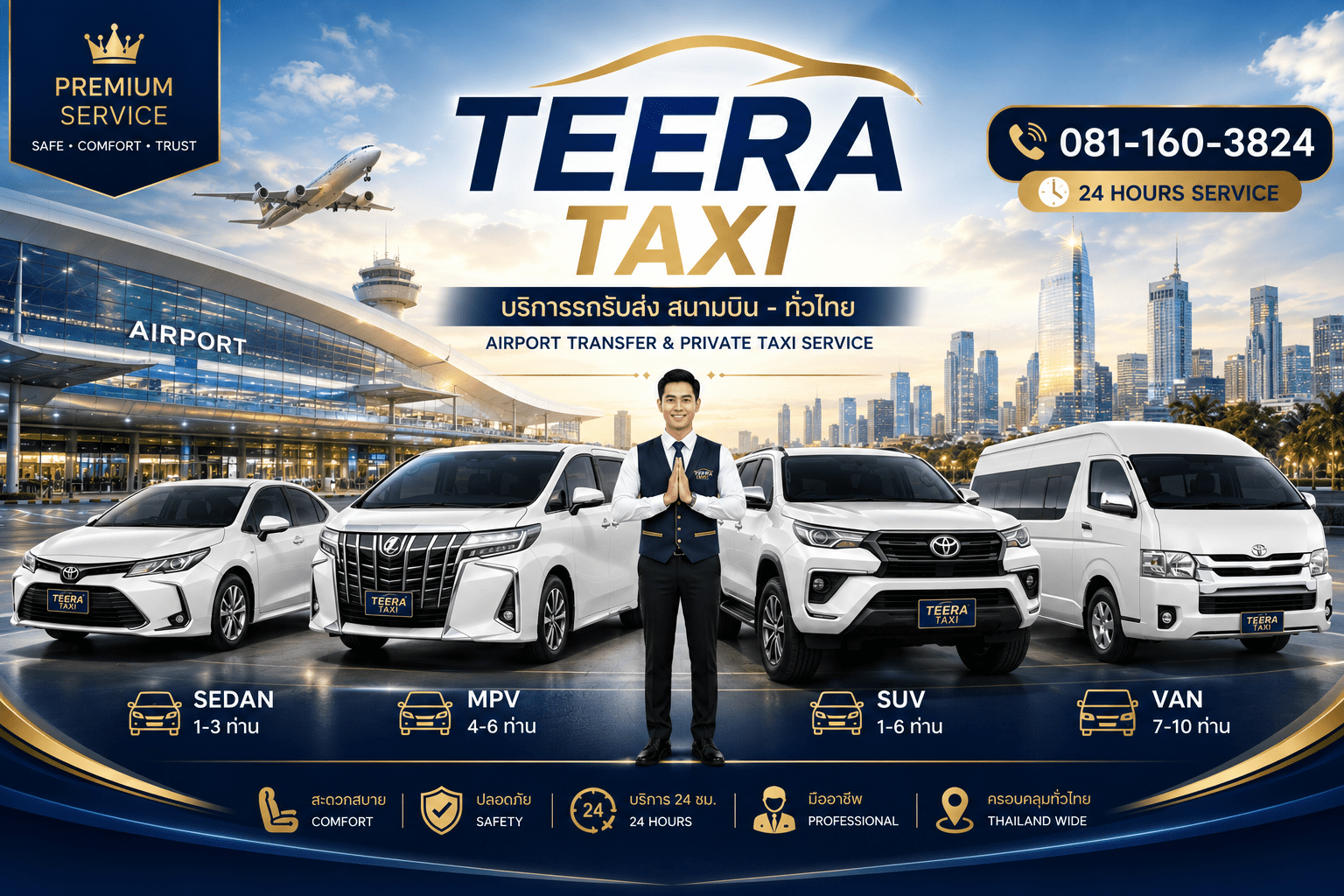 บริการแท็กซี่ครบวงจร | รับส่งสนามบิน เหมารถ 24 ชม. | TEERA Taxi